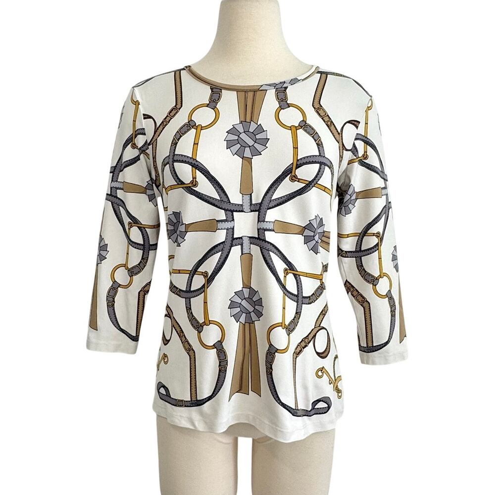 J. McLaughlin Catalina Cloth 3/4 Sleeve Top Blouse Off-White Equestrian Chain M